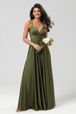 A-Line Sleeveless Olive Long Bridesmaid Dress