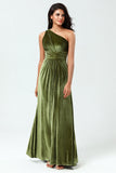 Dreaming of Elegance A Line One Shoulder Olive Velvet Long Bridesmaid Dress