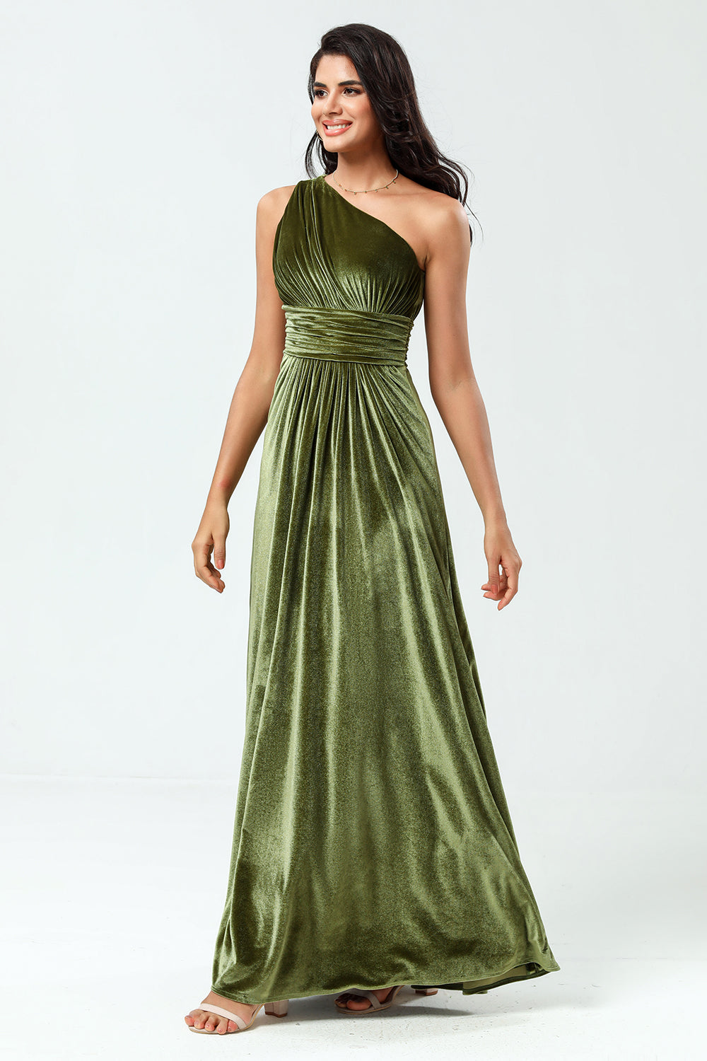 Dreaming of Elegance A Line One Shoulder Olive Velvet Long Bridesmaid Dress
