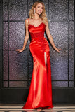 Satin Mermaid Beaded Red Prom Dress with Slit