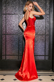 Satin Mermaid Beaded Red Prom Dress with Slit