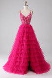 Gorgeous A Line Spaghetti Straps Fuchsia Long Prom Dress with Appliques Ruffles