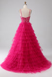 Gorgeous A Line Spaghetti Straps Fuchsia Long Prom Dress with Appliques Ruffles