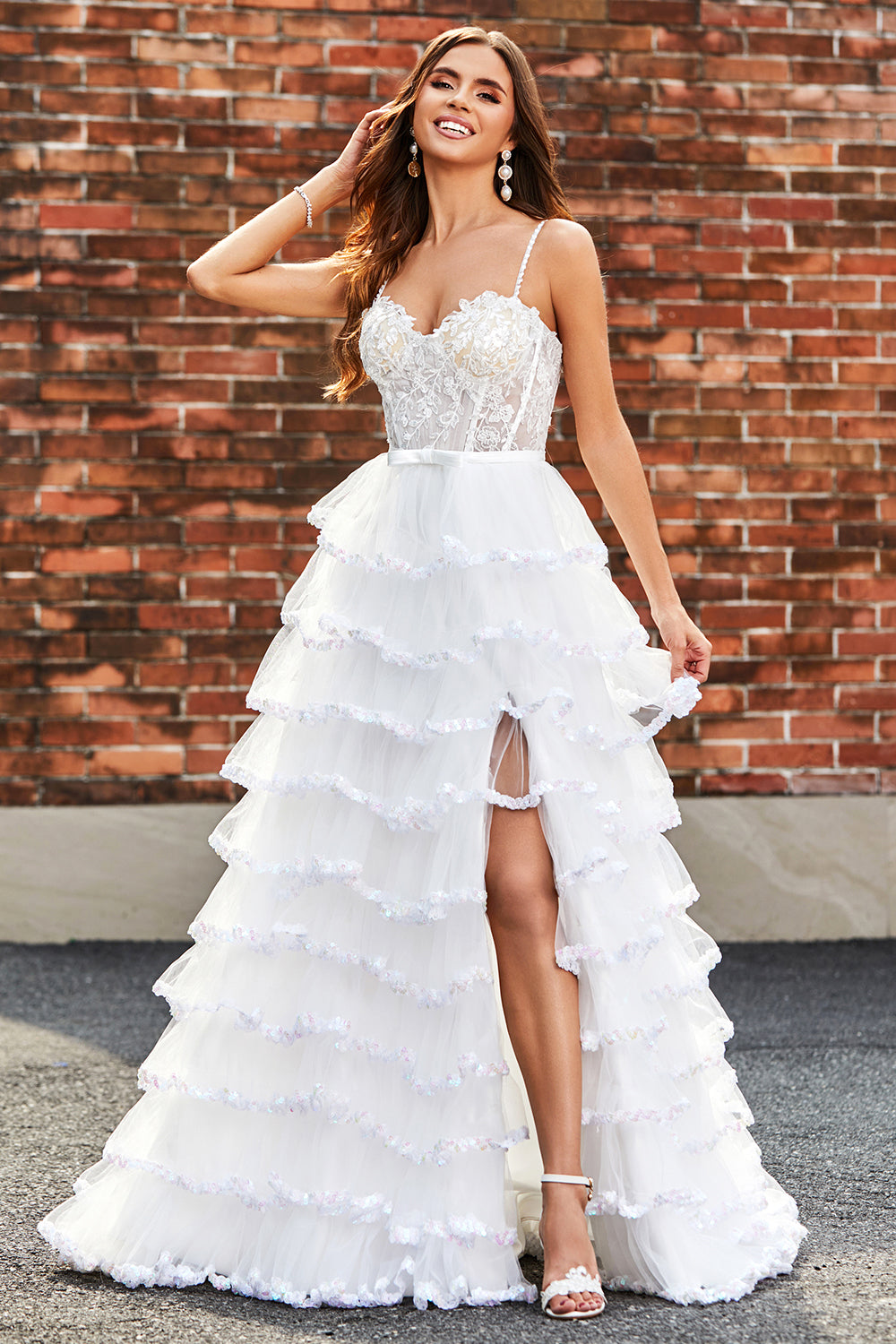 Sparkly White Tiered Tulle Corset Long Prom Dresses with Beading