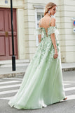 Sage A-Line Detachable Sleeves Long Corset Prom Dress with Flowers