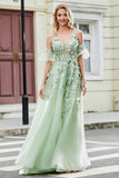 Sage A-Line Detachable Sleeves Long Corset Prom Dress with Flowers