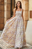 Charming A Line Square Neck Champagne Corset Prom Dress with Appliques