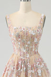 Luxurious A Line Square Neck Champagne Corset Prom Dress with Appliques