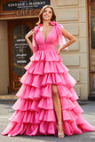 Princess A-Line V-Neck Fuchsia Tiered Prom Dress With Slit