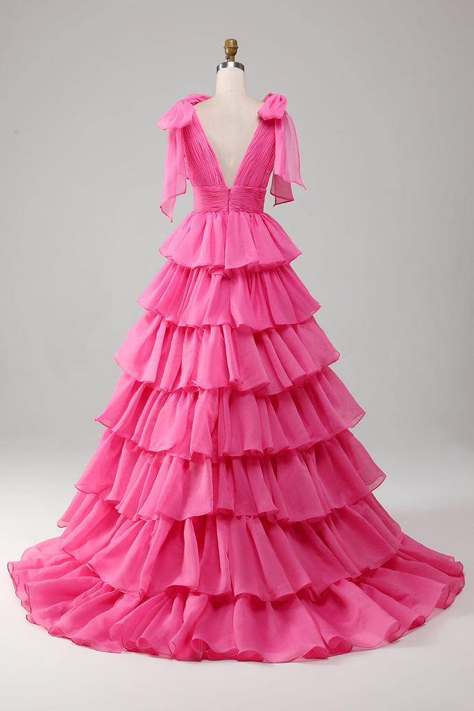 ZAPAKA Women Fuchsia Prom Dress Princess A-Line V-Neck Fuchsia Evening