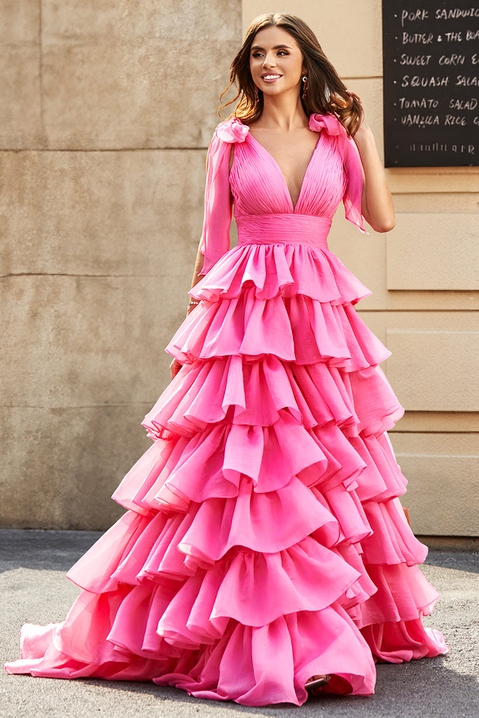 Fuchsia Square Neck High Slit Puffy Sleeves Evening Dress Prom Party Dress,DP565 main image 1