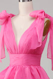 Princess Fuchsia A-Line Deep V-Neck  Tiered Long Prom Dress With Slit