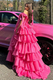 Princess Fuchsia A-Line Deep V-Neck  Tiered Long Prom Dress With Slit
