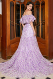 Lilac Floral Off the Shoulder Long Ruffled Prom Dress
