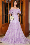 Lilac Floral Off the Shoulder Long Ruffled Prom Dress