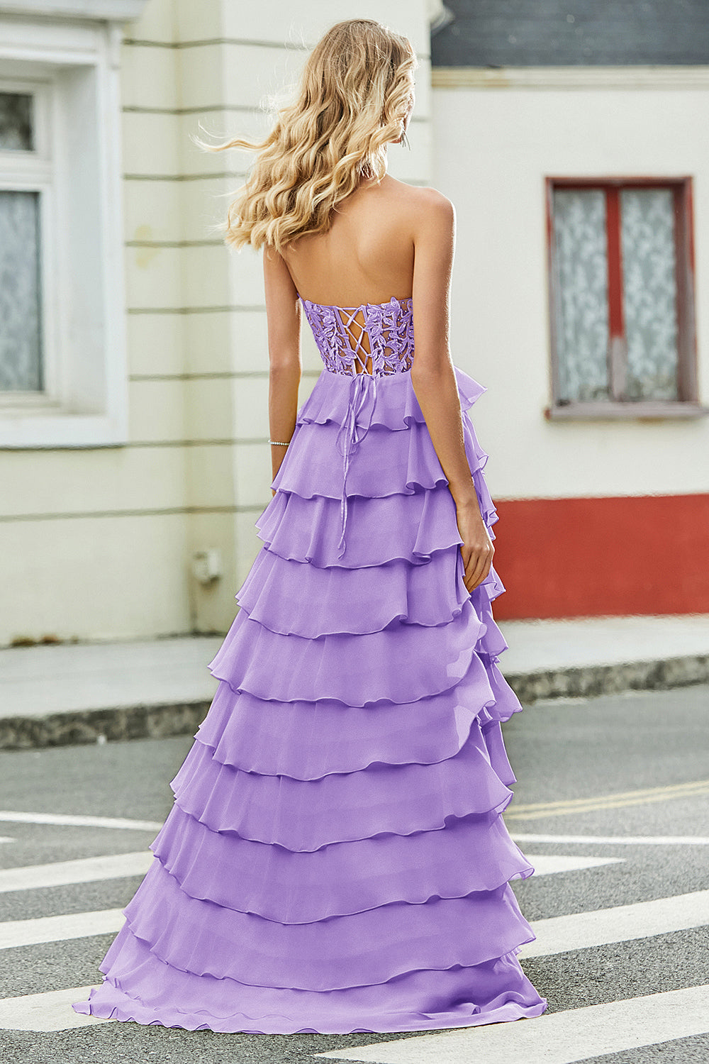 purple and yellow prom dress Light Yellow One Shoulder 3D Appliques Beading Long Prom Dress with Slit, Lavender / 8