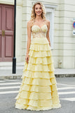 Yellow Sweetheart Tiered Long Prom Dress
