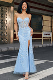 Lilac Mermaid Sweetheart Corset Appliques Prom Dress With Side Slit