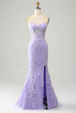 Lilac Mermaid Sweetheart Corset Appliques Prom Dress With Side Slit