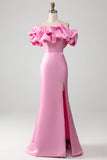 Stylish Mermaid Off the Shoulder Pink Long Prom Dress with Silt