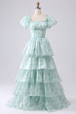 A Line Square Neck Light Blue Tiered Floral Long Prom Dress with Ruffles
