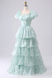 A Line Square Neck Light Blue Tiered Floral Long Prom Dress with Ruffles