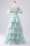 A Line Square Neck Light Blue Tiered Prom Dress with Ruffles