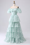 A Line Square Neck Light Blue Tiered Prom Dress with Ruffles