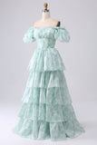 Green A Line Square Neck Tiered Long Prom Dress with Ruffles