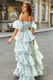 A Line Square Neck Light Blue Tiered Prom Dress with Ruffles