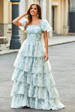 A Line Square Neck Light Blue Tiered Prom Dress with Ruffles