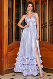 Stunning A Line Spaghetti Straps Lavender Corset Prom Dress with Slit