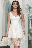 White Cute A-Line V-Neck Flower Lace Short Graduation Dress