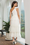 White One Shoulder Tiered Long Engagement Party Dress