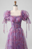 Purple A Line Print Lace-Up Long Prom Dress With Puff Sleeves