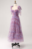 Purple Printed A Line Pleated Long Prom Dress