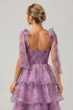 A Line Purple Printed Tiered Tea-Length Long Prom Dress