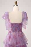 A Line Tiered Purple Printed Tea-Length Long Prom Dress