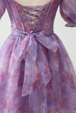 Purple A Line Square Neck Corset Prom Dress With Slit