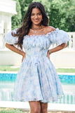 Light Green A Line Square Neck Floral Ruffle Short Homecoming Dress