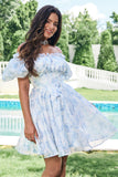 Sky Blue A Line Square Neck Print Floral Ruffle Short Homecoming Dress with Puff Sleeves