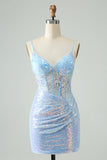 Glitter Light Blue Tight Spaghetti Straps Short Homecoming Dress with Sequins