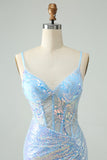 Glitter Light Blue Tight Spaghetti Straps Short Homecoming Dress with Sequins