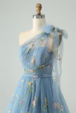 Grey Blue A Line One Shoulder Tulle Short Homecoming Dress with Floral Embroidery