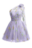 Grey Blue A Line One Shoulder Tulle Short Homecoming Dress with Floral Embroidery