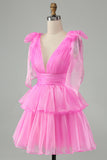 Hot Pink A Line V Neck Pleated Tiered Short Homecoming Dress