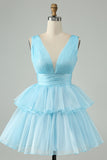 Sky Blue A Line V Neck Pleated Tiered Short Homecoming Dress