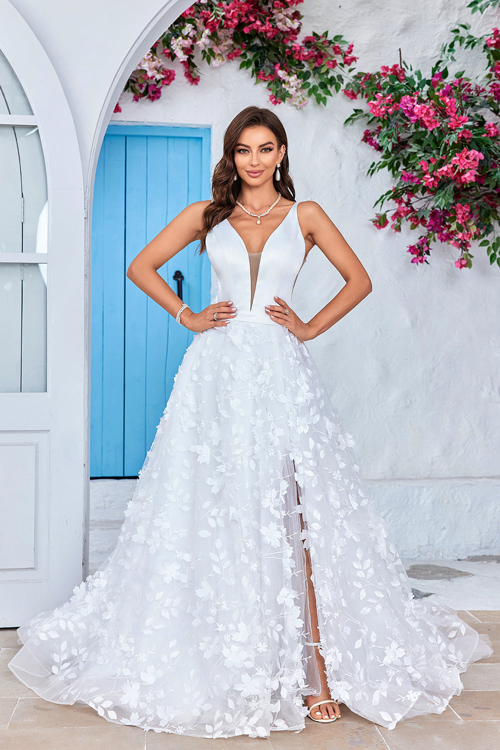 Zapaka Women Ivory A-Line V-Neck Wedding Dress with 3D Flowers Backless Sweep Train Bridal Dress, Ivory / US12 Zapaka Women Ivory A-Line V-Neck Wedding Dress with 3D Flowers Backless Sweep Train Bridal Dress, Ivory / US12