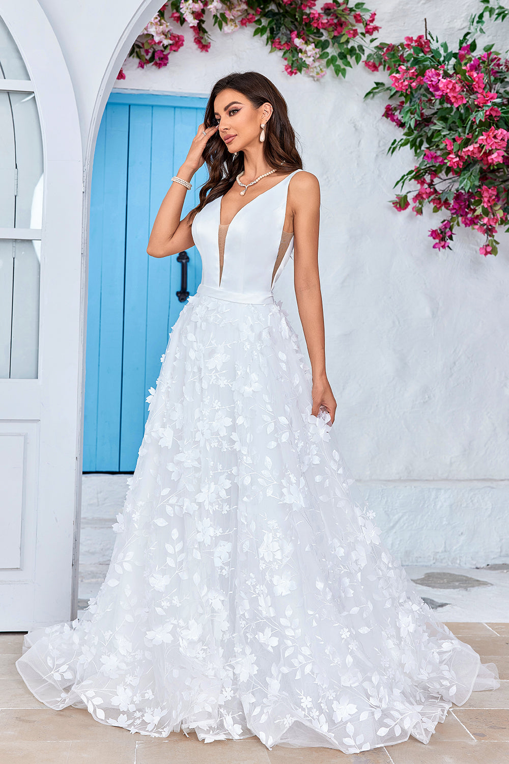Zapaka Women Ivory A-Line V-Neck Wedding Dress with 3D Flowers Backless Sweep Train Bridal Dress, Ivory / US12 Zapaka Women Ivory A-Line V-Neck Wedding Dress with 3D Flowers Backless Sweep Train Bridal Dress, Ivory / US12