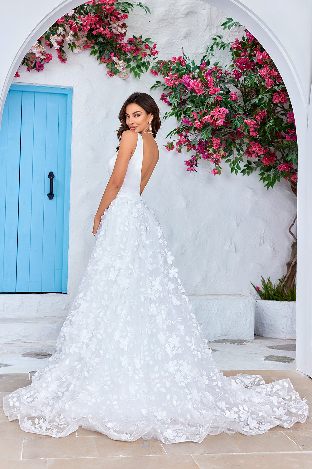 Zapaka Women Ivory A-Line V-Neck Wedding Dress with 3D Flowers Backless Sweep Train Bridal Dress, Ivory / US12 Zapaka Women Ivory A-Line V-Neck Wedding Dress with 3D Flowers Backless Sweep Train Bridal Dress, Ivory / US12